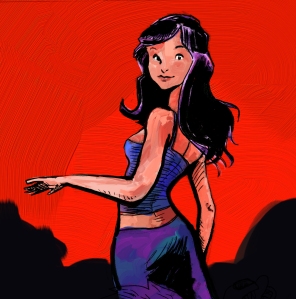Noia amb fons roig